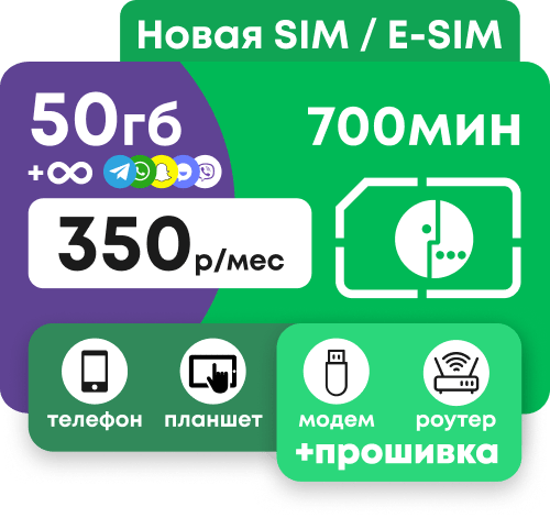 Сим-карта Мегафон с пакетами 700 минут и 50 Гб интернета по России за 350 руб/мес.