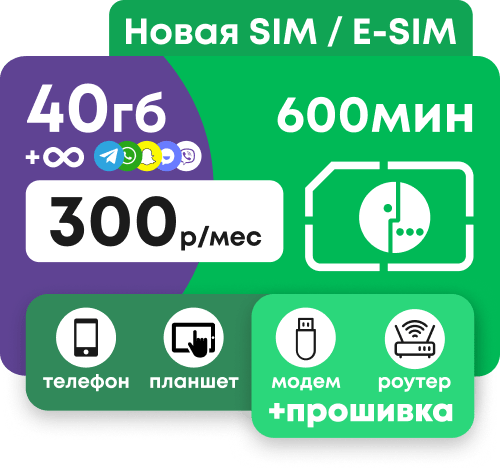 Тариф Мегафон с пакетами 40 Гб и 600 минут за 300 рублей в месяц.