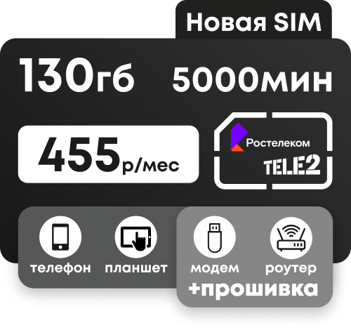 Сим-карта Ростелеком (Теле2) с пакетом интернета 130 Гб и 5000 минут по всей России за 455 руб/мес. Подходит для телефонов, планшетов, прошитых модемов и роутеров.