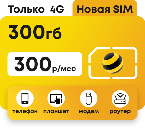 Сим-карта Билайн с пакетом 300 Гб в зоне 4G за 300 р/мес для модемов, роутеров, телефонов и планшетов.