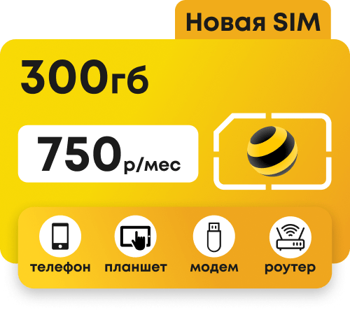 Сим-карта Билайн с пакетом 300 Гб за 750 руб/мес, работает в любых устройствах: модем, роутер, телефон.