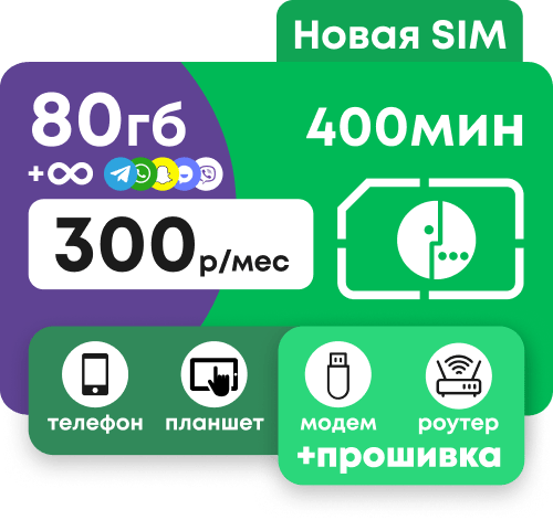 Симкарта Мегафон с пакетом 400 минут и 80 гб интернета за 300 р/мес. Безлимитные мессенджеры и перенос остатков на следующий месяц.