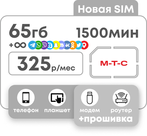 Симкарта МТС с пакетами 1500 минут и 65 гб за 325 рублей в месяц. Безлимитные соц сети и мессенджеры.