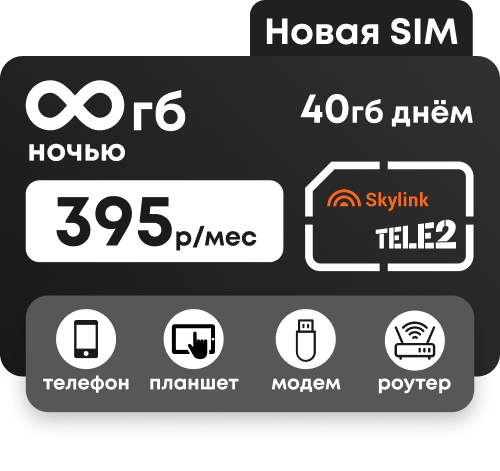 Симкарта Теле2 с пакетом 40 гб за 395 рублей в месяц для любых устройств.