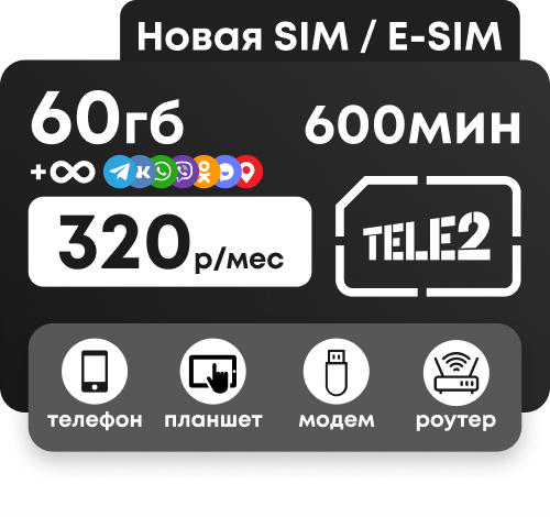 Симкарта Теле2 с пакетом 60 гб и 600 минут за 320 рублей в месяц. Безлимитные социальные сети.