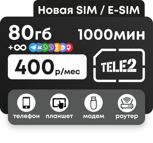 Симкарта Теле2 с пакетом 80 гб и 1000 минут за 400 рублей в месяц. Безлимитные социальные сети.