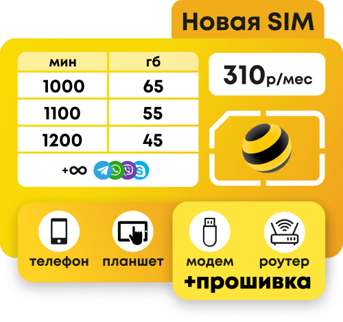 Симкарта Билайн с пакетами интернета от 45 до 65 гб и пакетами до 1200 минут за 310 рублей в месяц.
