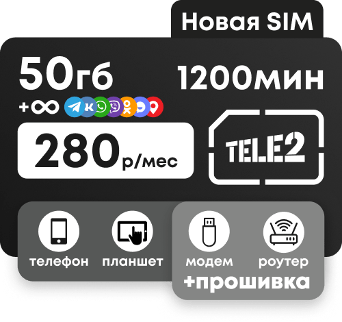 Симкарта Теле2 с пакетом 1200 минут и 50 гб за 280 рублей. Безлимитные соцсети и мессенджеры.